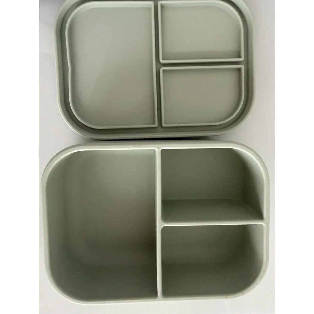 ✿ Ali+Oli Silicone Kids Bento Lunch Box Set Sage Green Bear Toddler Cute